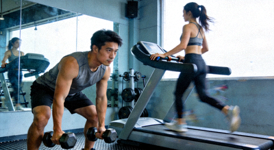 健身训练场景展示力量训练与跑步机运动